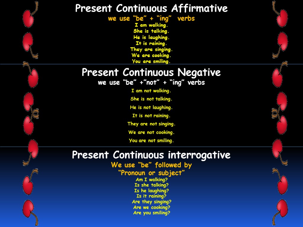 Present Continuous Affirmative we use “be” + “ing” verbs I am walking. She is